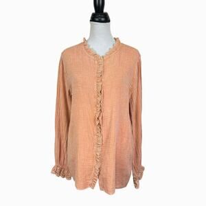 Mazik Peach Orange Eyelet Ruffle Lace Trim Guaze Button Front Tunic Top